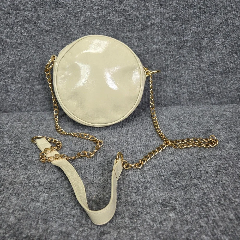 HOBO Deb Round Patent‎ Leather Crossbody bag Creme & Gold chain strap RARE